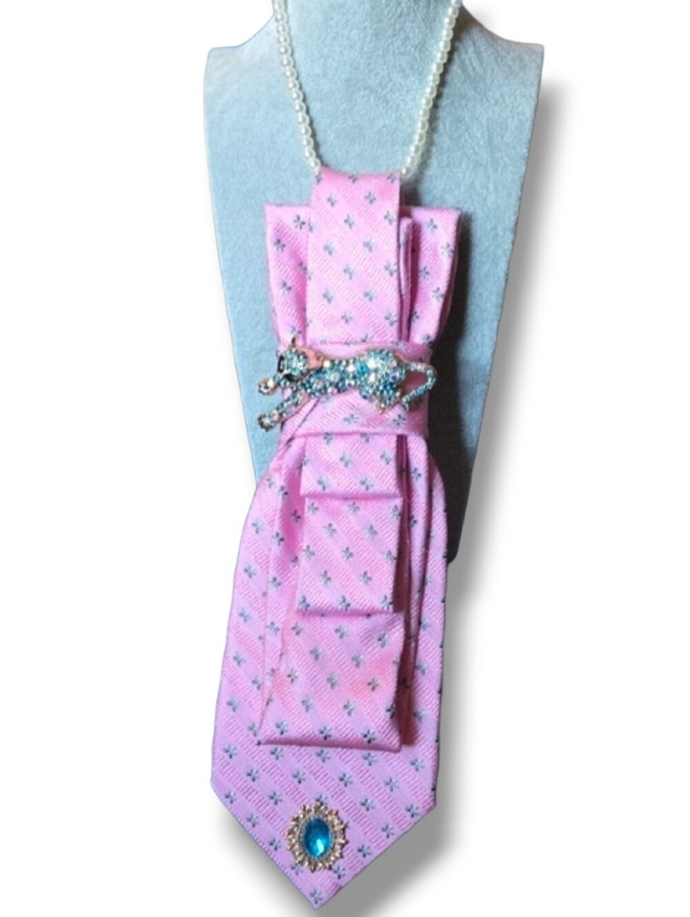 3/$60 Pink Patterned Carvat with Decorative Pink Blue Jaguar Brooch